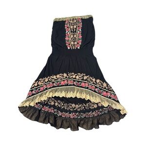 VENUS Black and Gold High Low Dress Boho Strapless Embroidered With Lace